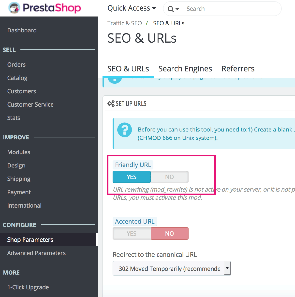 PrestaShop URL configuration