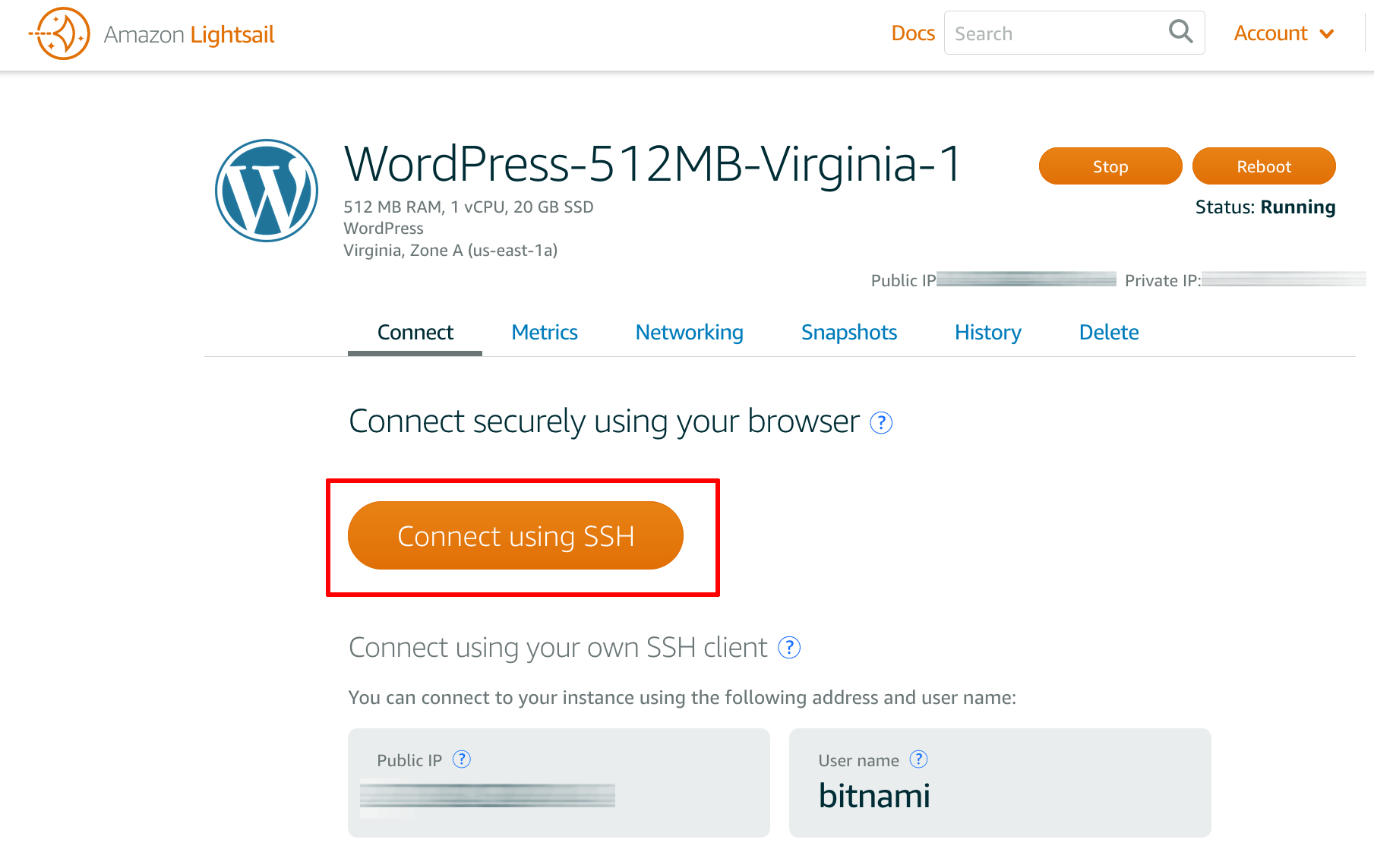 Lightsail browser SSH connection