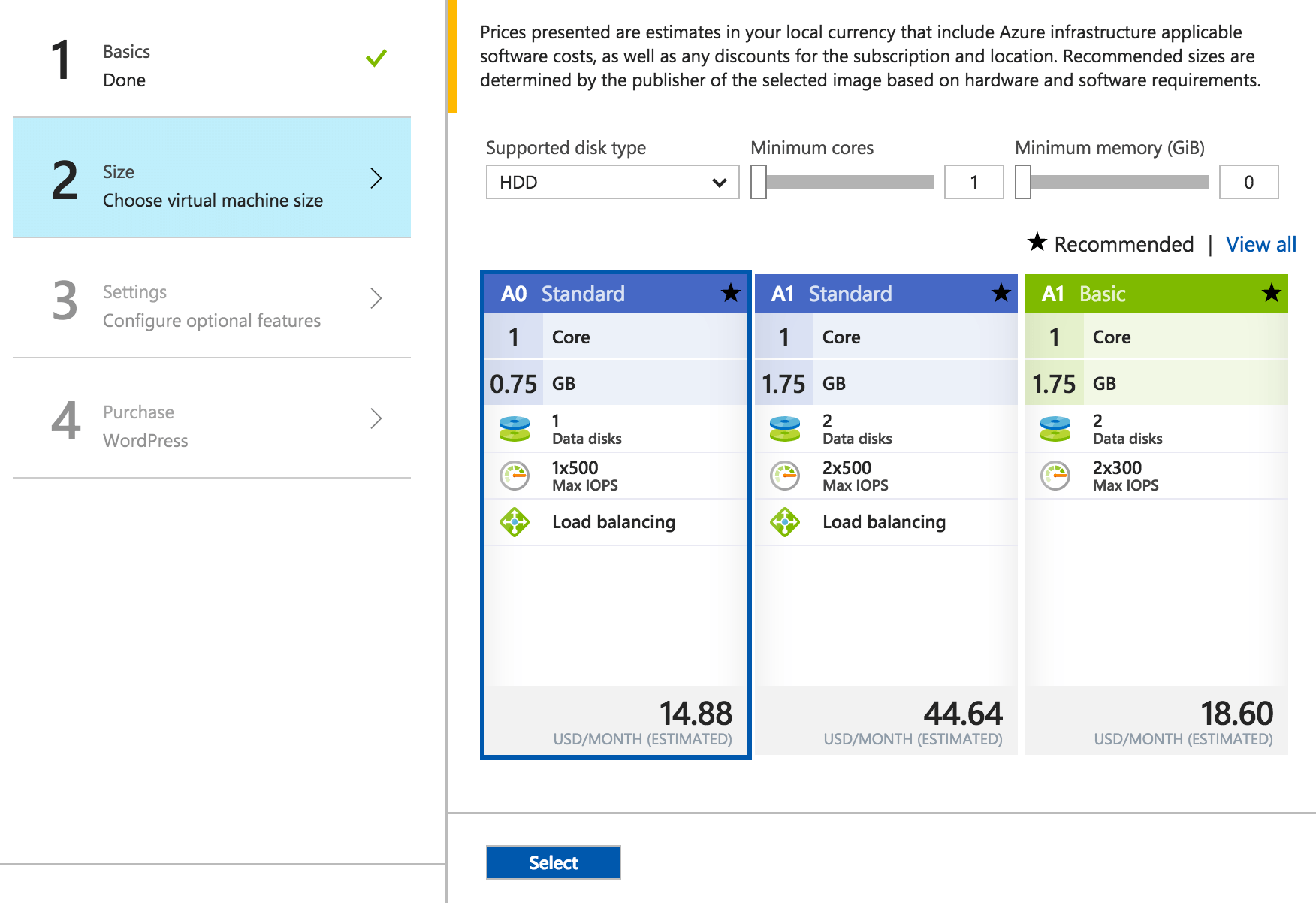 Select the size of the Azure virtual machine