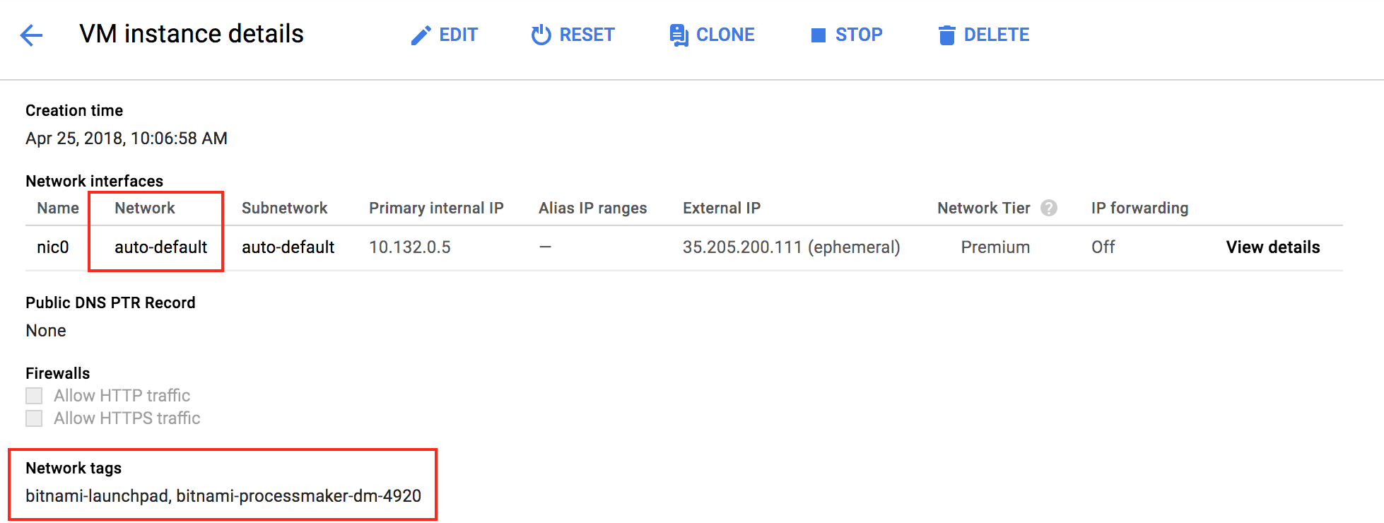 Check the instance network details